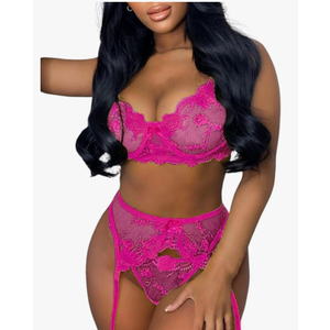 Kaei&Shi Floral Embroidered Mesh Sheer,Underwire Satin Bow,High Cut Thong,Belt Garter Lingerie, L
