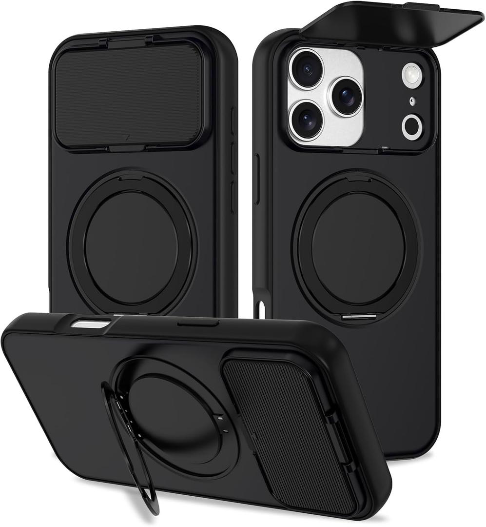 Designed for iPhone 17 Pro Case with 360 Finger Ring Stand, 180 Adjustable Full-Coverage Camera Cover, Military Protection Shockproof Phone Case for iPhone 17 Pro 6.3", Black