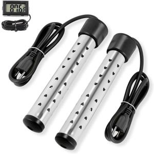 Portable Immersion Water Heater with Stainless Steel Cover, Quick Heating Immersion Heater with LCD Thermometer, Anti-scalding Bucket Heater for Indoor & Outdoor (2 Pcs, Black)