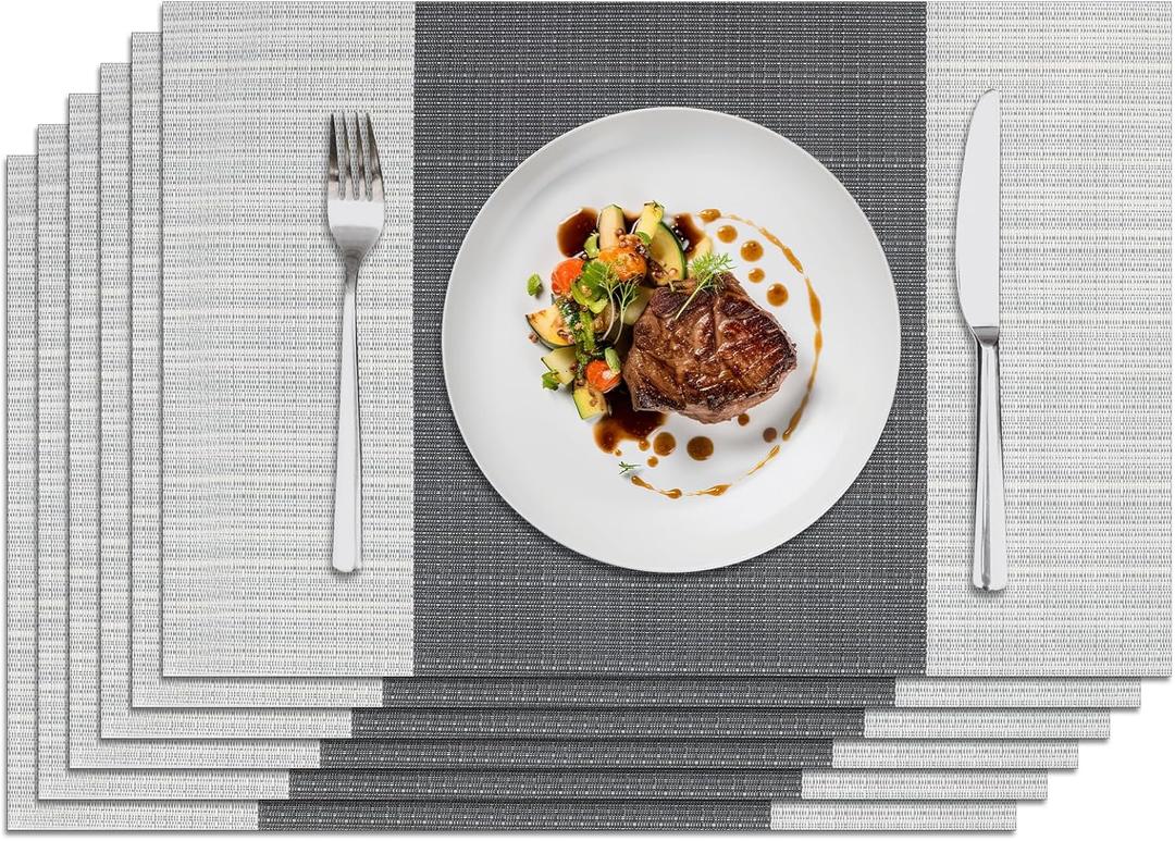 18 x 12 inch, Set of 4 Washable PVC Dining Placemat, Heat and Stain Resistant Non Slip Easy to Clean Table Mats for Kitchen Table Home and Dinner Gatherings, Grey White