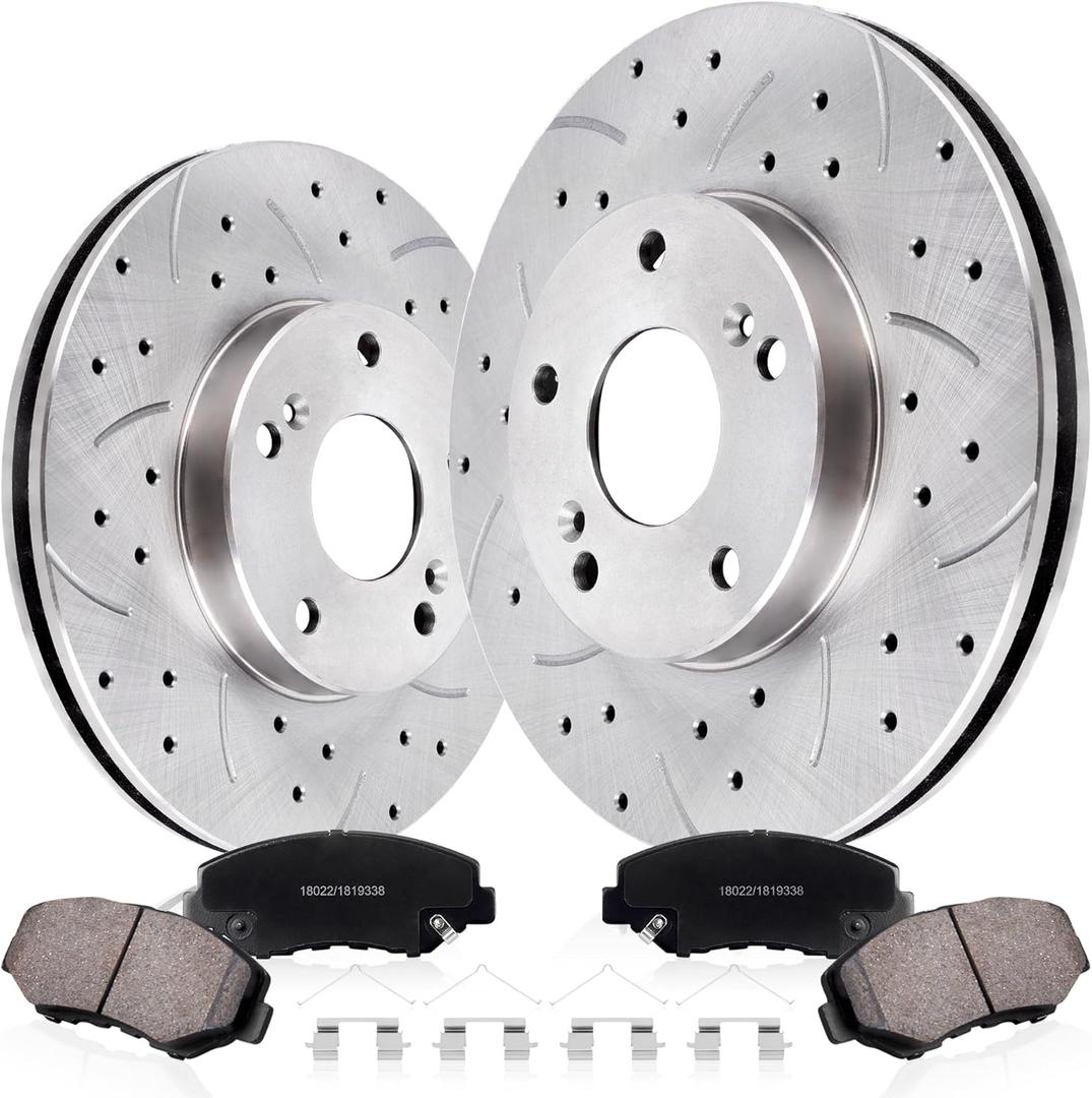 Front Drilled and Slotted Brake Pads and Rotors Kit Ceramic Automotive Replacement Brake Kits Vented 11.10 Inch Compatible for Honda Accord Civic Element Acura ILX 2002-2017 (14 Pcs)