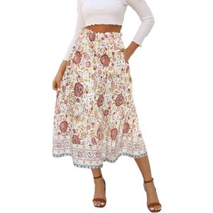 Naggoo Women's Skirts High Elastic Waisted Casual Skirt Pleated Floral/Solid Midi Skirts with Pockets Medium