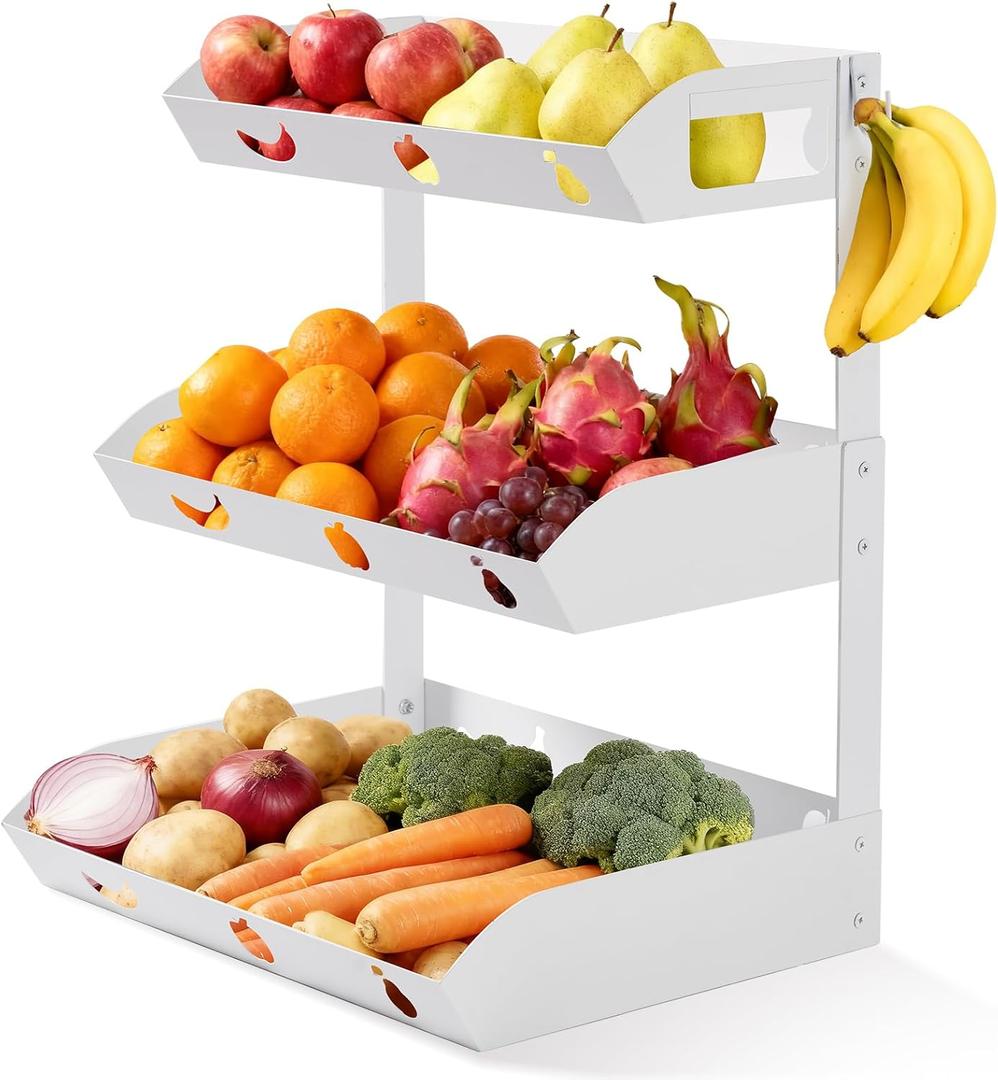 GOENDR Fruit Basket for Kitchen Counter 3 Tier Metal Fruit Bowl with Banana Hanger, Convertible to 2 Tier, Large Capacity Countertop Organizer for Fruit Vegetables Bread Snack Produce Storage