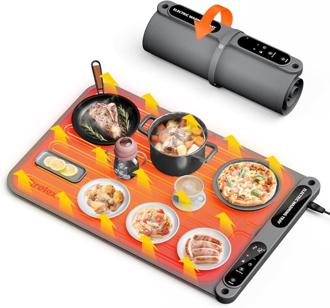 Firelex Food Warming Mat for Buffet, Silicone Food Warm Mat with Timer & 7-Temp Settings, 8s Fast Heat, The Keep Meals Warm for Parties, Family Dinners, Gray