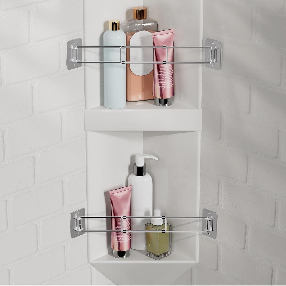 RV Shower Corner Storage Bar, 7.9-13.7 inches RV Bathroom Travel Trailer Storage Organization Coner Bar, Stainless Steel RV Shower Corner Shelf Rod in Camper Must Haves Accessories (2 Pack)