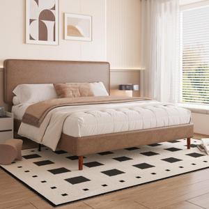 King Size Leather Platform Bed Frame with Adjustable Upholstered Headboard, Solid Wooden Legs, No Box Spring Needed, Easy Assembly, Noise Free, Brown