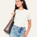 BAMBOO COOL Women's Seamless Tight T-Shirts Slim Fit Basic Ribbed Tees Short Sleeve Crew Neck Top (White, M)