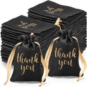 Roowest 100 Pcs Thank You Satin Gift Bags Drawstring Jewelry Candy Pouches for Wedding Bridal Shower Baby Shower Favor Drawstring Bag for Birthday Holiday Party(4 x 6 Inch,Black)