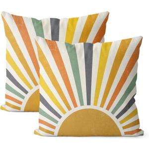 Summer Pillow Covers 18x18 Inch Set of 2, Stripes Yellow Sunshine Decorations Outdoor Throw Pillows Boho Summer Rainbow Sun Pillowcase Linen Decor Cute Farmhouse Cushion Case for Home Bedroom