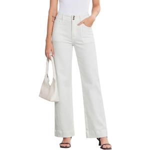 Sidefeel Women's Wide Leg Jeans High Waisted Stretchy Tummy Control Straight Leg Denim Pants (White) Size 