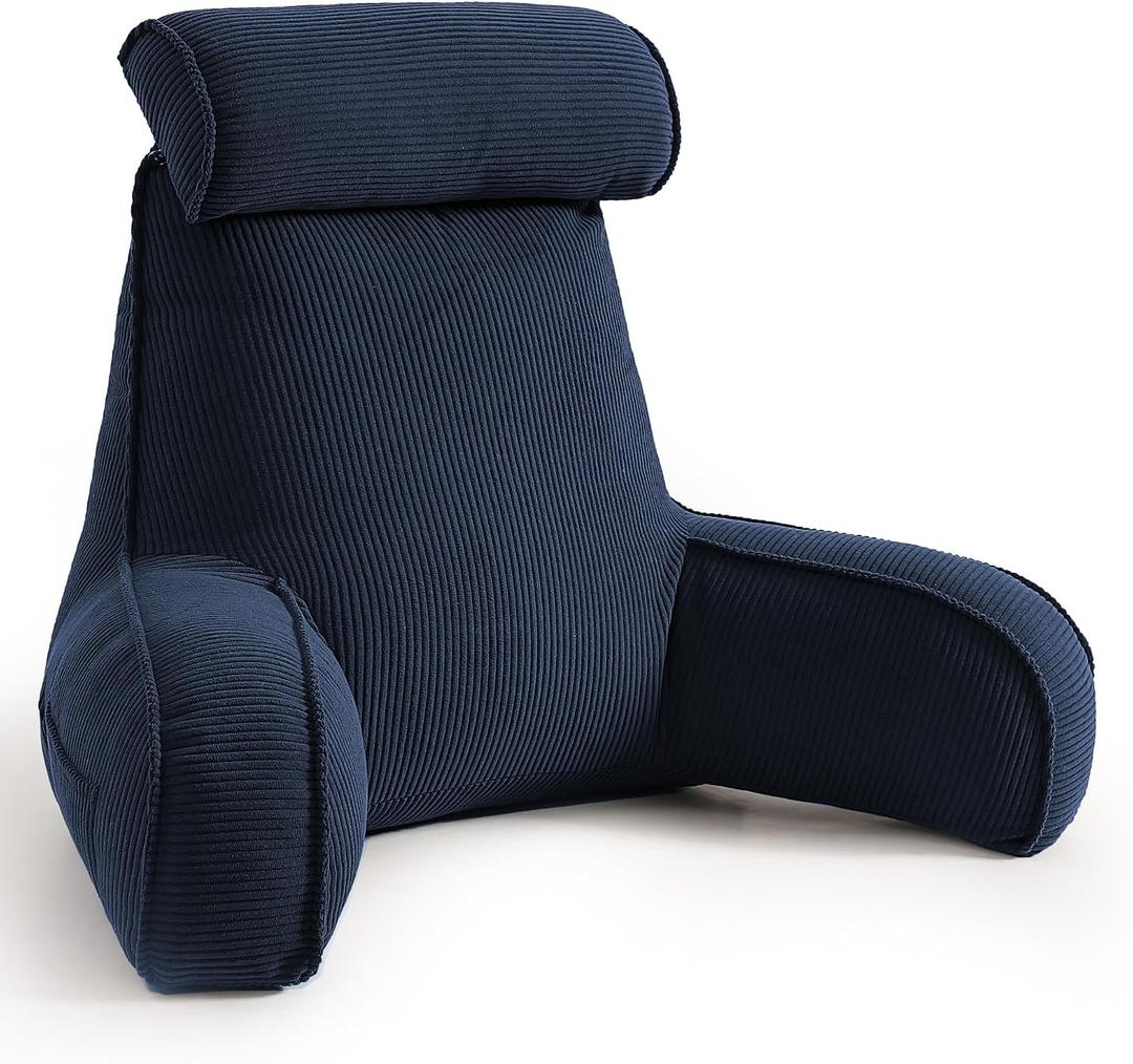 Bed Rest Reading Pillow with Arms & Detachable Headrest, Corduroy Backrest Cushion with Side Pockets & Washable Cover, Sit Up Pillow for Bed, Sofa Reading, Relaxing & Watching TV, Navy Blue, Large