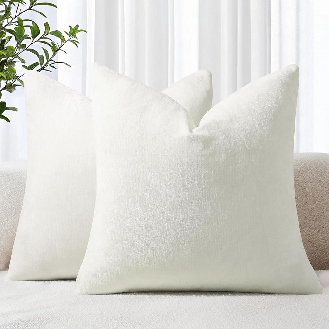 decorUhome Chenille Cream White Throw Pillow Covers 18x18 Inch Set of 2, Decorative Soft Couch Pillow Covers Solid Dyed Accent Farmhouse Neutral Square Pillow Cases for Sofa Bed Living Room