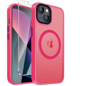 4 x DEERLAMN Magnetic Matte Case for iPhone 13/14 with Screen Protector, [Compatible with MagSafe][Military Grade Drop Protection] Slim Translucent Shockproof Protective Phone Cover, Hot Pink