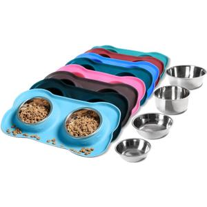 Hubulk Pet Dog Bowls 2 Stainless Steel Dog Bowl with No Spill Non-Skid Silicone Mat + Pet Food Scoop Water and Food Feeder Bowls for Feeding Small Medium Large Dogs Cats Puppies (Medium, Turquoise)