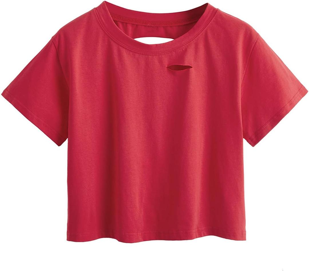 SweatyRocks Women's Summer Short Sleeve Tee Distressed Ripped Crop T-Shirt Tops (Red, S)