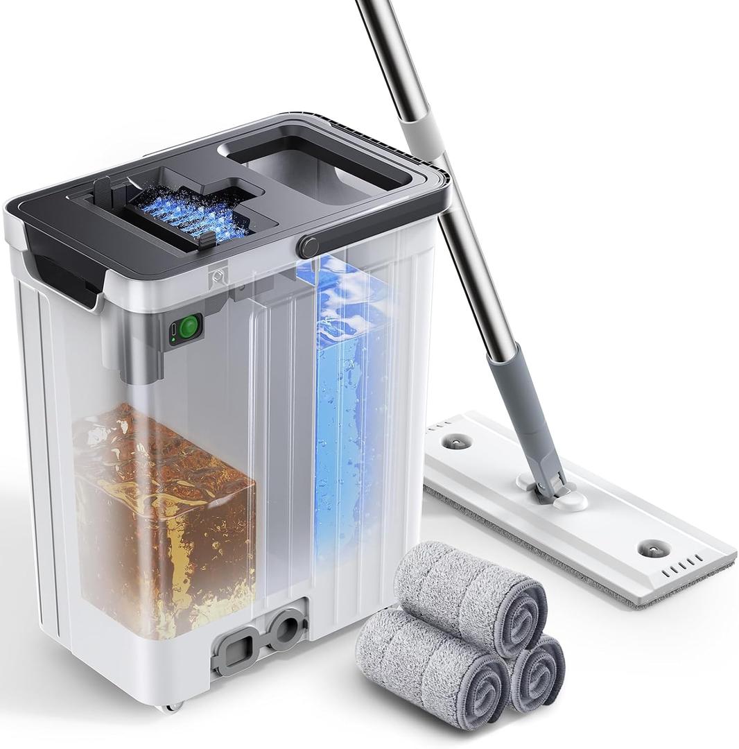 Mop and Bucket Set | Auto-Spray Cleaning | Dirty Water Separation Keep Water Fresh | Flat Mop & Bucket with Scraper | 3X Washable Pads | Mops for Floor Cleaning All Floors Tile Wall Window