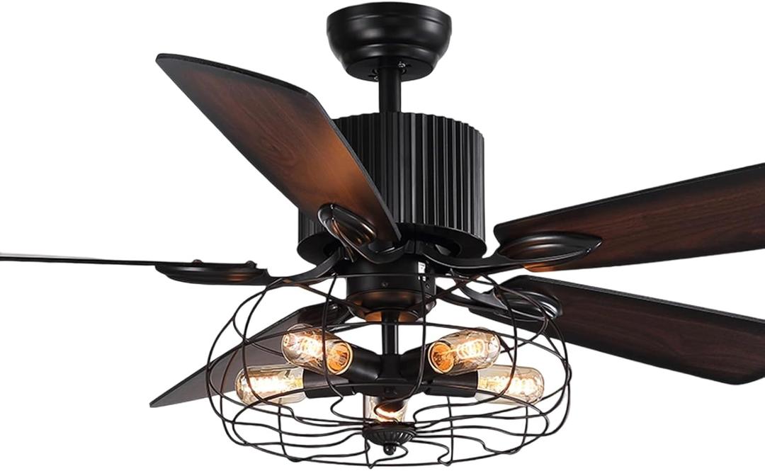 Industrial Caged Ceiling Fan Light with Remote Control 52 Inch Vintage Ceiling Fan Light Farmhouse Black Retro Indoor Fandelier with 5 Reversible Wood Blades for Living Room Bedroom Industrial Caged Ceiling Fan Light with Remote Control 52 Inch Vintage Ceiling Fan Light Farmhouse Black Retro Indoor Fandelier with 5 Reversible Wood Blades for Living Room Bedroom