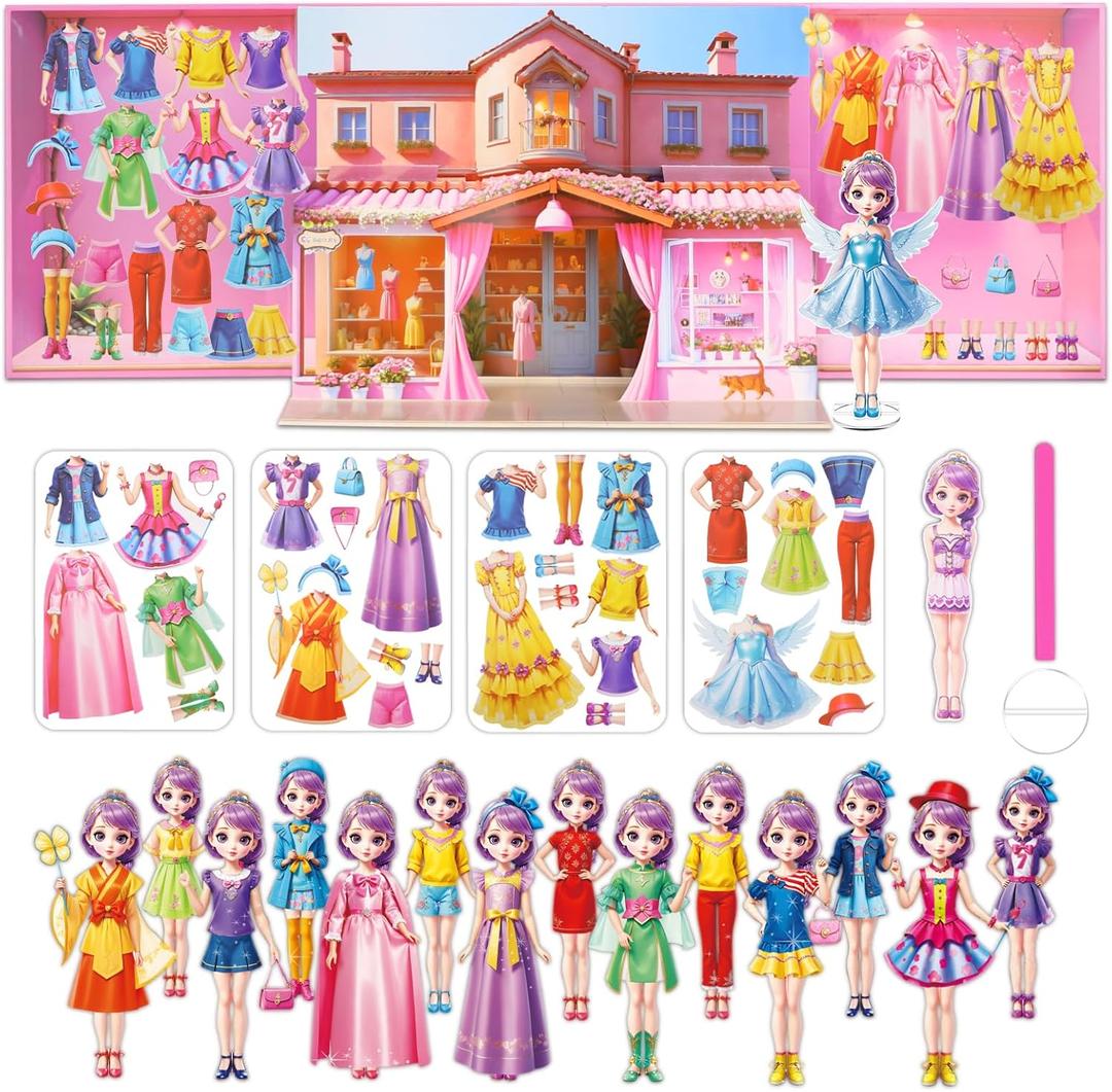 Yuzee Magnetic Dress Up Paper Dolls for Girls Ages 4-7 Princess Game Toys, Magnetic Doll Dress Up Kit Includes 1 Paper Doll and 33 Clothing Accessories with 3D City Building Mall, Girls Dress Up Game