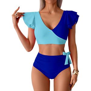 Womens One Piece Swimsuits-Sexy Deep V Neckline Tummy Control Bathing Suit Slimming Mesh Swimwear  (Medium, Light Blue)