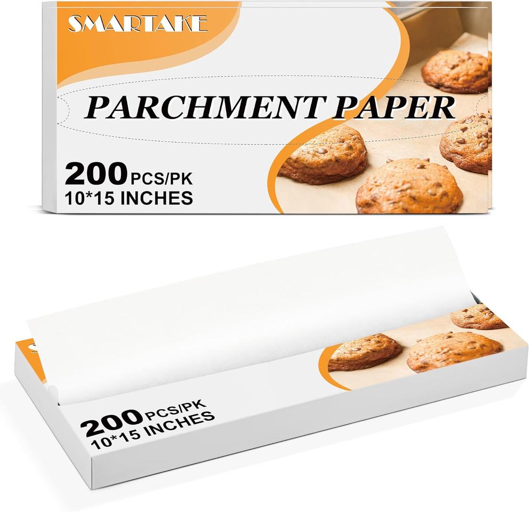 SMARTAKE 200 Pcs Pop-Up Parchment Paper Sheets, 10.7x15 Inch Pre-Cut Parchment Paper for Baking, Non-Stick Greaseproof Baking Paper for Grilling Wrapping Air Frying, Compact Volume, White