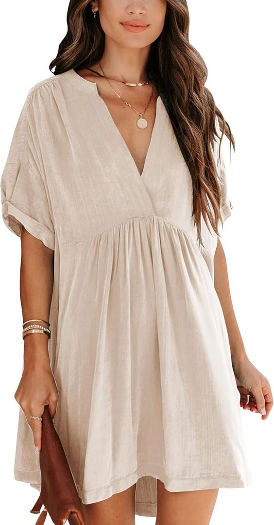 Minclouse Women's Babydoll Short Sleeve Tunic Dress V Neck Cute Casual Loose Dresses (Medium, Apricot)