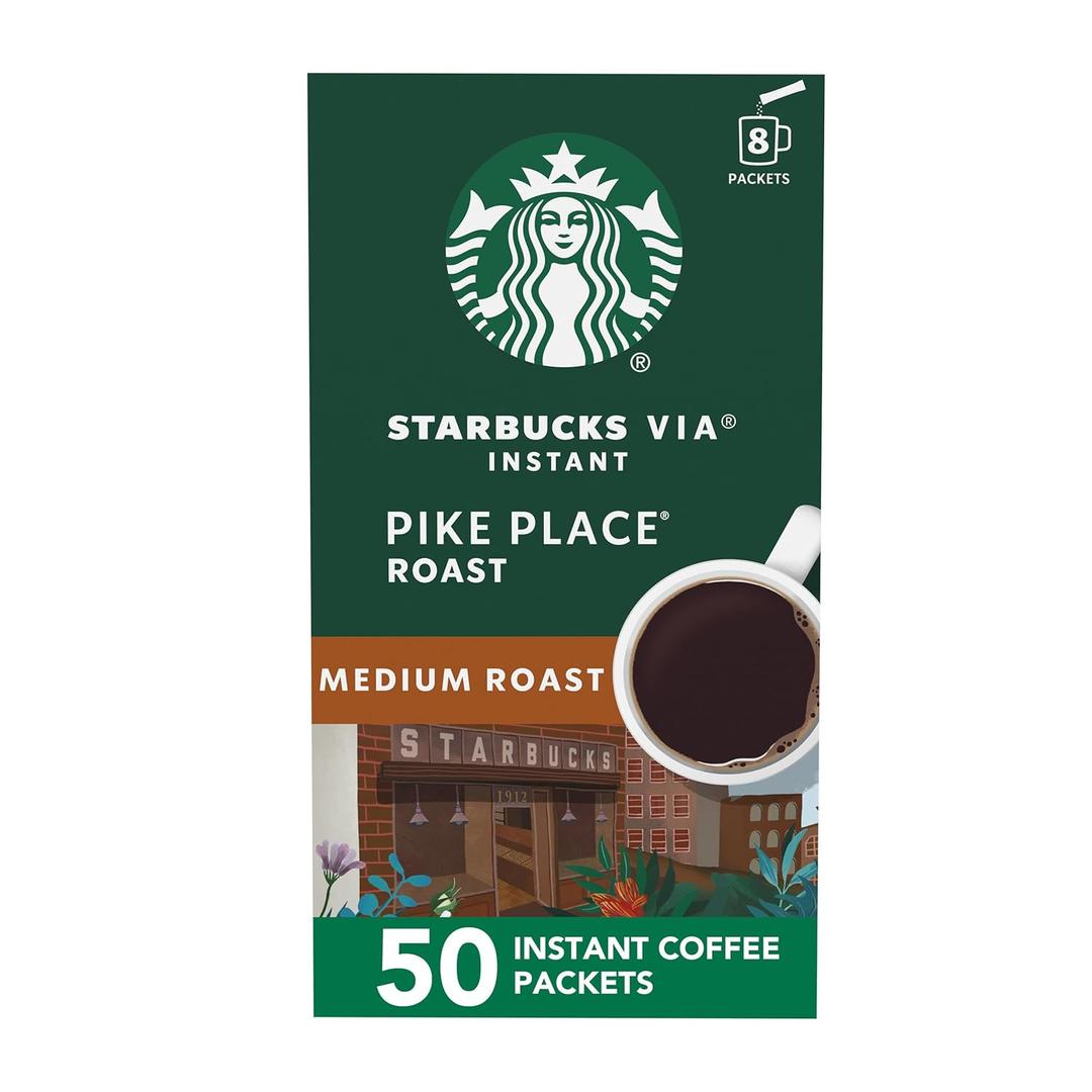 Starbucks VIA Instant Coffee, Medium Roast Coffee, Pike Place Roast, 100% Arabica, Single-Serve, 1 Box (50 Packets) (BB: April 8, 2025)
