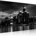 NAN Wind Detroit Skyline Canvas Wall Art Cityscape Night Scene Black & White City Art Print on Canvas Modern Giclee Framed Painting for Room Decor Home Decor Detroit Skyline Picture Prints  20" x 40"