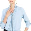 Allegra K Women's Dressy Long Sleeve Blouses Chiffon Pleated Tie Neck Office Top Shirt (X-Large, Light Blue)