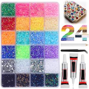24000Pcs 24 Colors Resin Jelly Rhinestones for Bedazzling, Multicolor 3mm Flatback Gems for Diamond Art 3Pcs Jewelry Glue for Bedazzled Nail Art Makeup Crafting Book Shoes