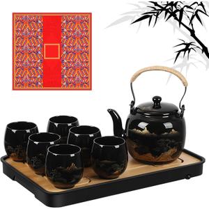 Hushee Japanese Tea Set in Gift Box Asian Porcelain Tea Set with 1 Teapot, 6 Cups, 1 Tray, 1 Stainless Infuser, Black Ceramic Chinese Teapot Christmas Winter Gift for Adult Lover