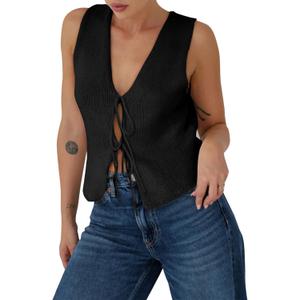 Yousify Womens Sweater Vests Tie Front Knit Vest Summer Ribbed Tank Tops Y2k Cute Vests Fashion Casual Sleeveless Tops (X-Small, Black)