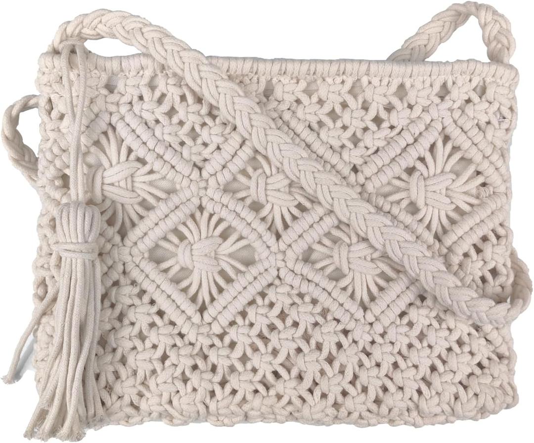 Boho Crossbody Handbag,Handwoven cotton rope Shoulder Bag,Summer Beach Clutches Bags for Women (White)