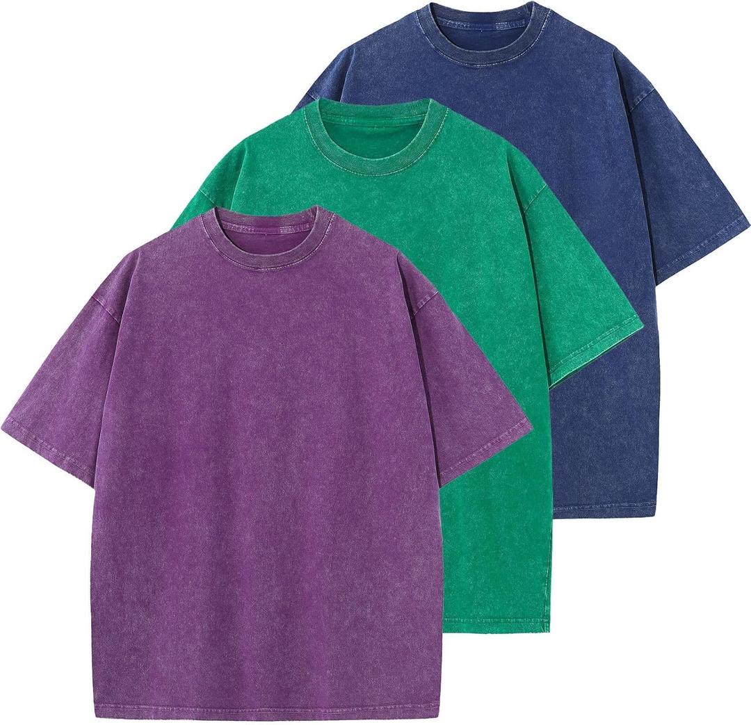 Men's Cotton T-Shirts Oversized Unisex Short Sleeves Casual Loose Wash Solid Basic Tee Tops (Purple+green+blue) S