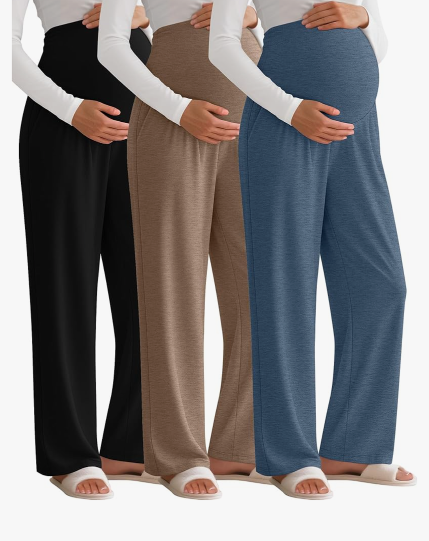 3 Pack Women's Maternity Pants Over The Belly Pregnancy Pants Stretchy Loose Wide Leg Lounge Pajama with Pockets, Size L