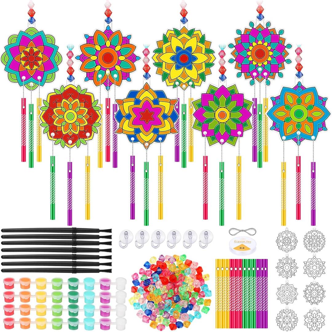 VioraWhite 24 Sets Spring Mandala Suncatchers Crafts Kit Easter Holi Stained Glass DIY Window Ornament Drawing Craft Window Art Paint Your Own Wind Chimes Craft for Party Activity Project Home Decor