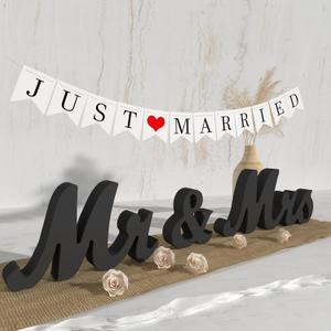 Mr and Mrs Sign & Just Married Banner, Mr & Mrs Signs for Wedding Table, Large Wooden Letters for Sweetheart Table, Photo Props Wedding Decorations for Anniversary, Black