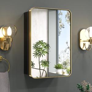 Keonjinn Gold Bathroom Medicine Cabinet with Mirror 16 x 24 Inch, Small Brushed Brass Medicine Cabinet, Stainless Steel Framed, Stepless Adjustable Shelves, DTC Hinges, Recessed or Surface Mount