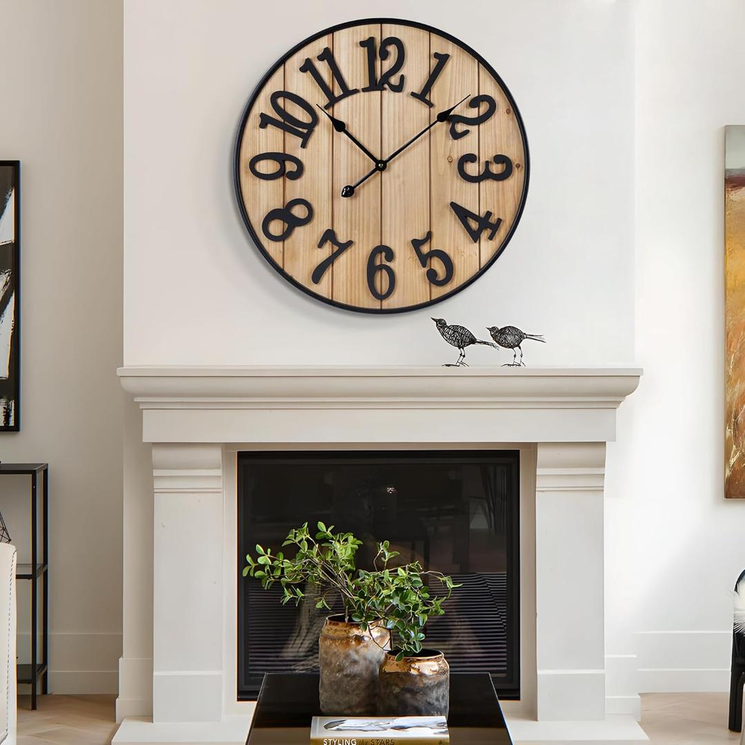 Large Wall Clock 24IN, Silent Metal Wood Style Wall Clocks Battery Operated for Living Room Decor, Farmhouse Big Wall Clock, Outdoor