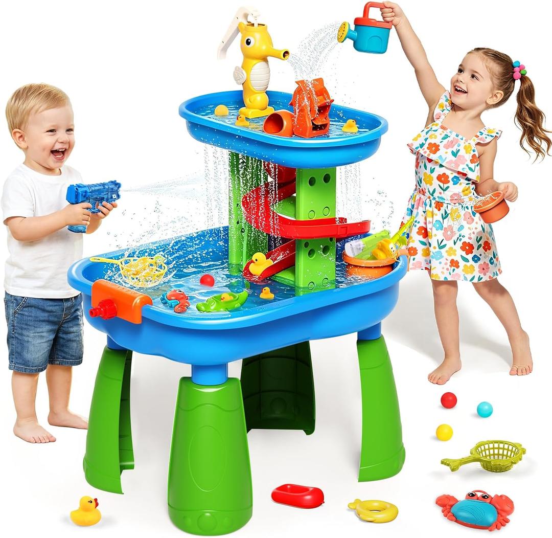 Toddler Water Table - Sensory Table for Kids with 28 Piece Sand Water Toy Set, Outdoor Water Play Table with Rain Shower Sprinkler, Summer Birthday Gift STEM Toy for Boys Girls Ages 3 4 5 6 7 8
