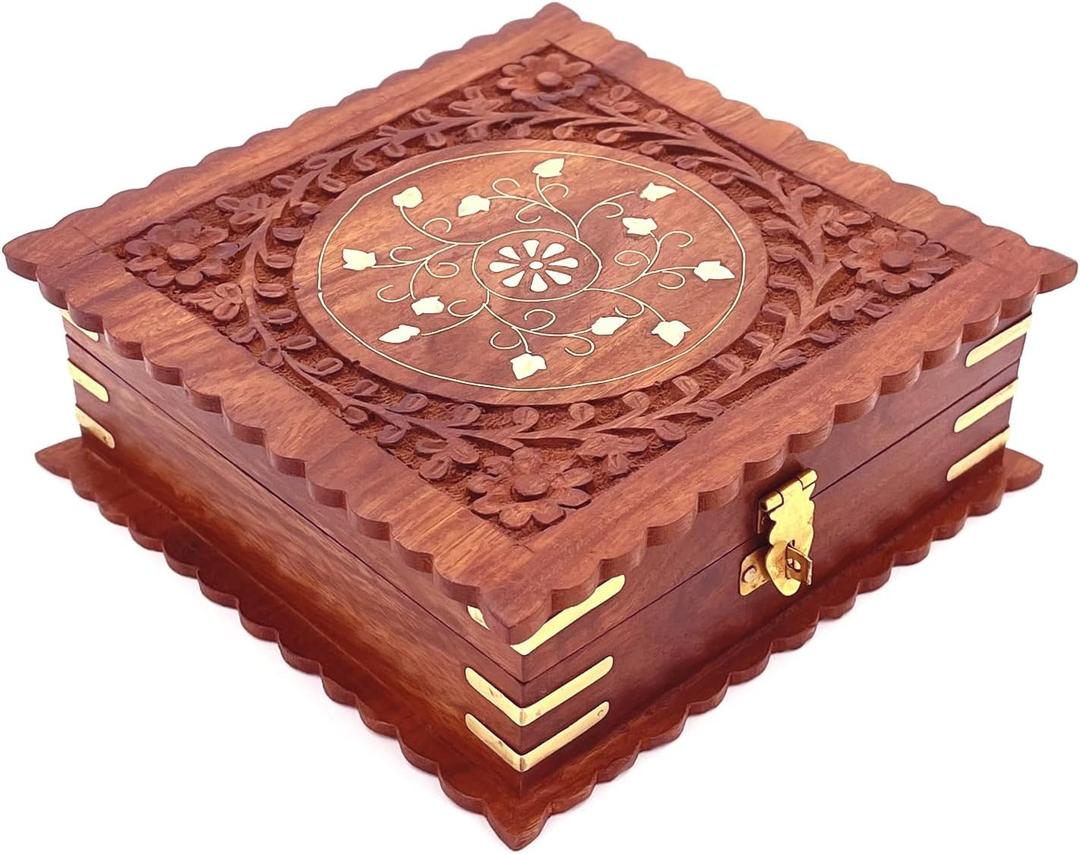 Wooden Spice Box 7x7 Inch Decorative Masala Dabba Organizer with Glass Lid, 4 Fixed Compartments, Spice Storage Container, Ideal for Seasonings and Herbs
