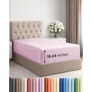 Extra Deep Twin Fitted Sheet - Hotel Luxury Single Fitted Sheet Only - Easily Fits 18 inch to 24 inch Mattress - Ultra Soft, Wrinkle & Fade Free w/Extra Deep Pockets - Breathable & Comfy - Light Pink