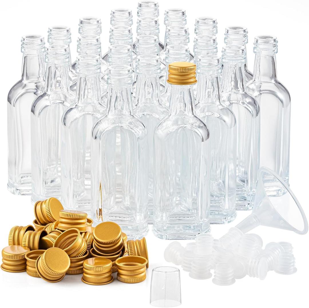 50 ml (1.7oz) Mini Small Glass Bottles With Leak Proof Gold Caps, Aluminum Lids, 24 Pack, For Liquor Alcohol Ginger Shots Samples Decorative