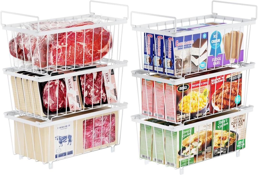 iSPECLE Freezer Organizer Bins - 6 Pack Small Stackable Deep Freezer Organizer Bins for 7 Cu.Ft Freezers Easy Get Bottom Foods without Digging, Chest Freezer Organizer Prevent Frozen Food Waste, White