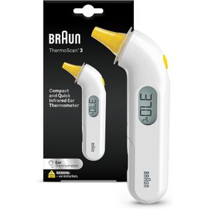 Braun ThermoScan 3 Ear Thermometer, Fast 1 Second Measurement, Audio Fever Indicator, Digital Display, Baby and Infant Friendly