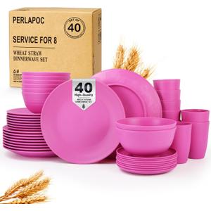 Wheat Straw Dinnerware Set 40 PCS | Service for 8 | Unbreakable Plates and Bowls Sets Plastic Reusable Dishes Sets Dinner Plates, Cereal Bowls, Water Cups Kitchen Set for Home RV- Pink