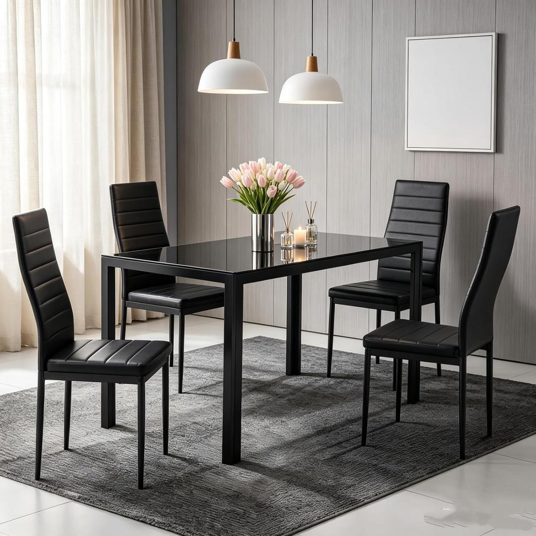PU Leather Dining Chairs Set of 4, Modern Kitchen Chairs with High Backrest, Horizontal Stitching Upholstered Side Chair with Round Tube Metal Legs for Dining Room, Black, Chair（4 pcs）