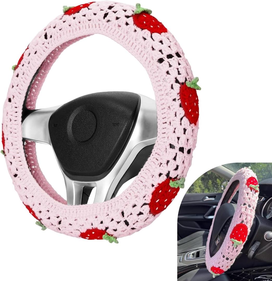 Hand Crochet Car Steering Wheel Cover, Cute Boho Strawberry Car Steering Wheel Cover Decor, 14-15 inch Warm & Non-slip Steer wheels Protection Wrap, Universal for Men Women (Pink)