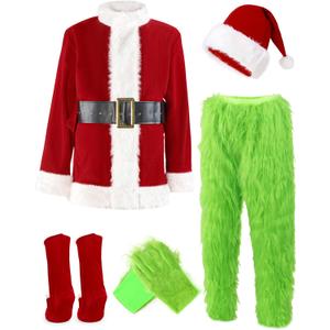 ADOMI Christmas Costume for Men Green Furry Monster 8PCS Deluxe Adult Santa Suit Xmas Outfit Set Halloween Holiday (3X-Large)