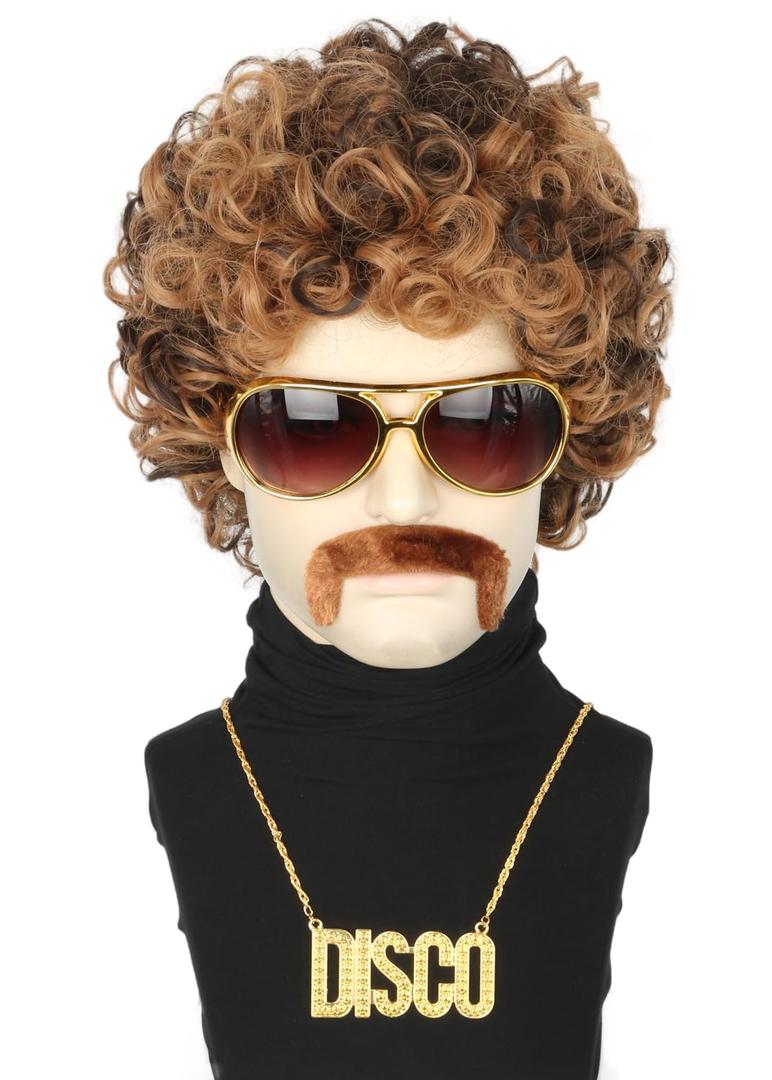 Topcosplay 5Pcs Set 70s 80s Disco Wig for Men or Women Afro Wig with Glasses Necklace Moustache Short Curly Hippies Wigs Blonde Brown