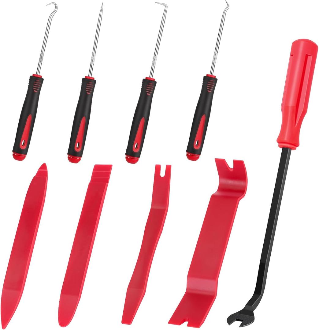 Auto Trim Removal Tool Set Pry Tool Kit, Door Panel Removal Tool, Fasteners Remover,Automotive Hook Set, Car Auto Oil Seal/O-Ring Seal Gasket Mini Precision Hooks - 9pcs Red